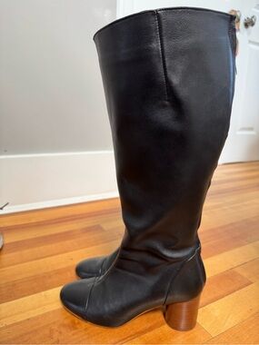 Wide Calf Classic Black Knee-High Leather Boots - Block Heel